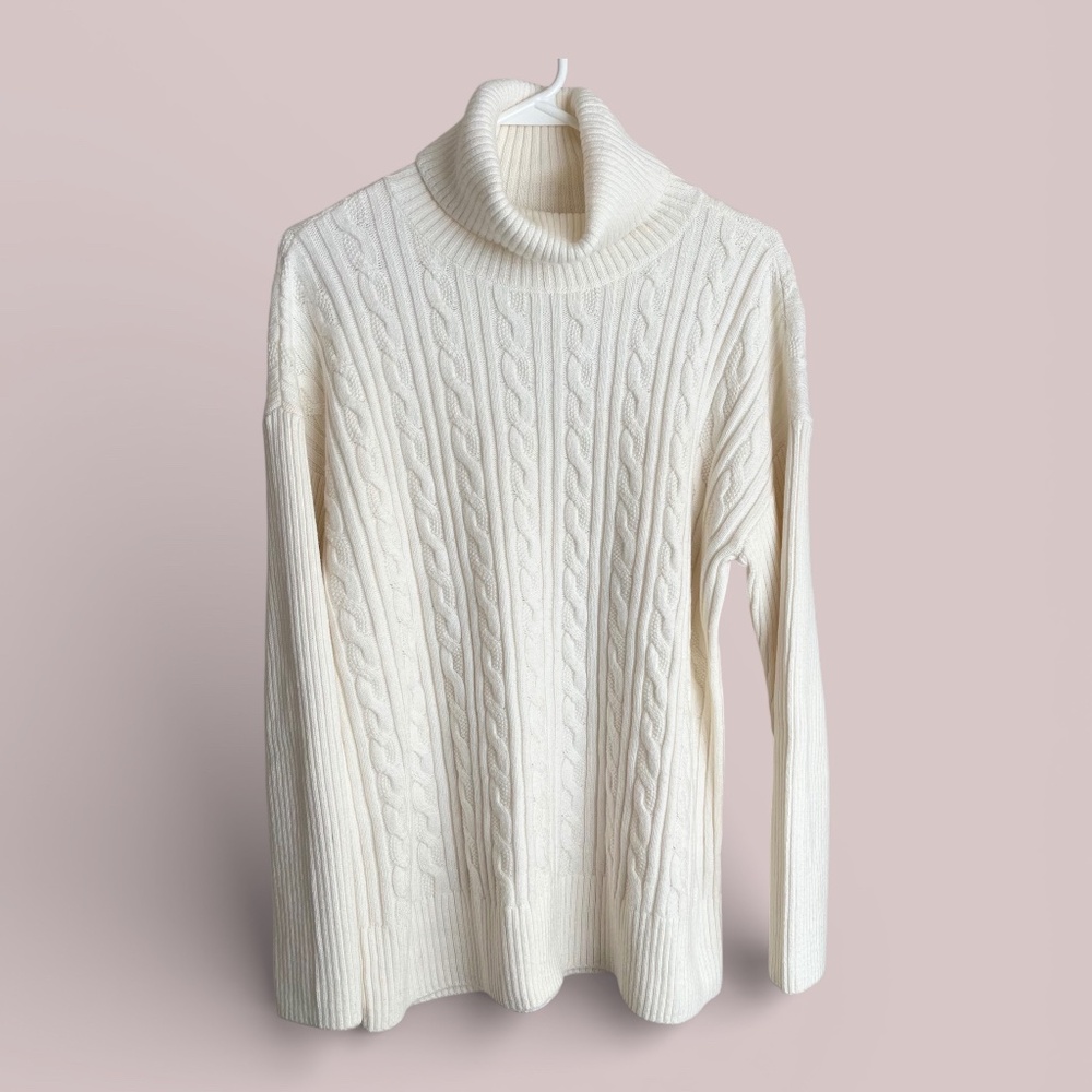 Talbots Cream Cable Knit Turtleneck Sweater Size L